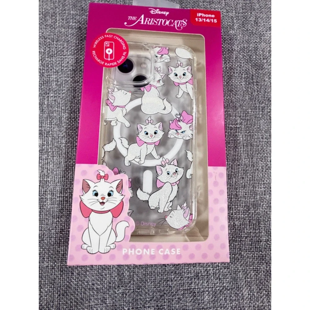 Disney Marie Aristocats iPhone 13 14 15 Case Clear Glitter Pink Wireless Charge